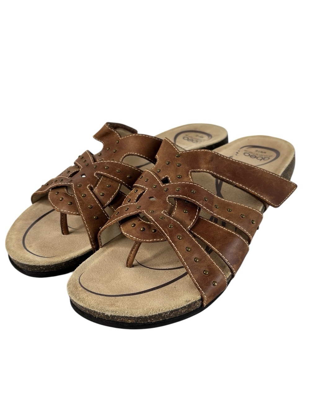 Abeo Bevin Sandal Sz 10 Narrow Brown Leather Studded Strappy Orthopedic Slide